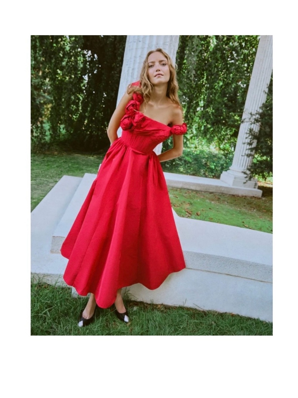 Rachel Gilbert Henley Strap 3D Flower Rosette Red Asymmetrical Taffeta Gown